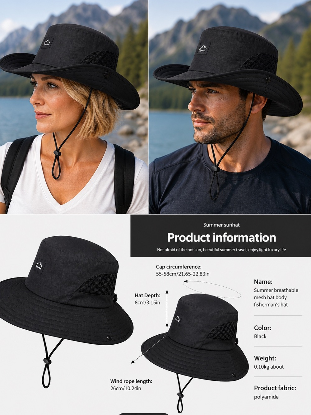 NEW: Black Wide Brim Sun Hat | Breathable Mesh | Adjustable Chin Strap | UPF